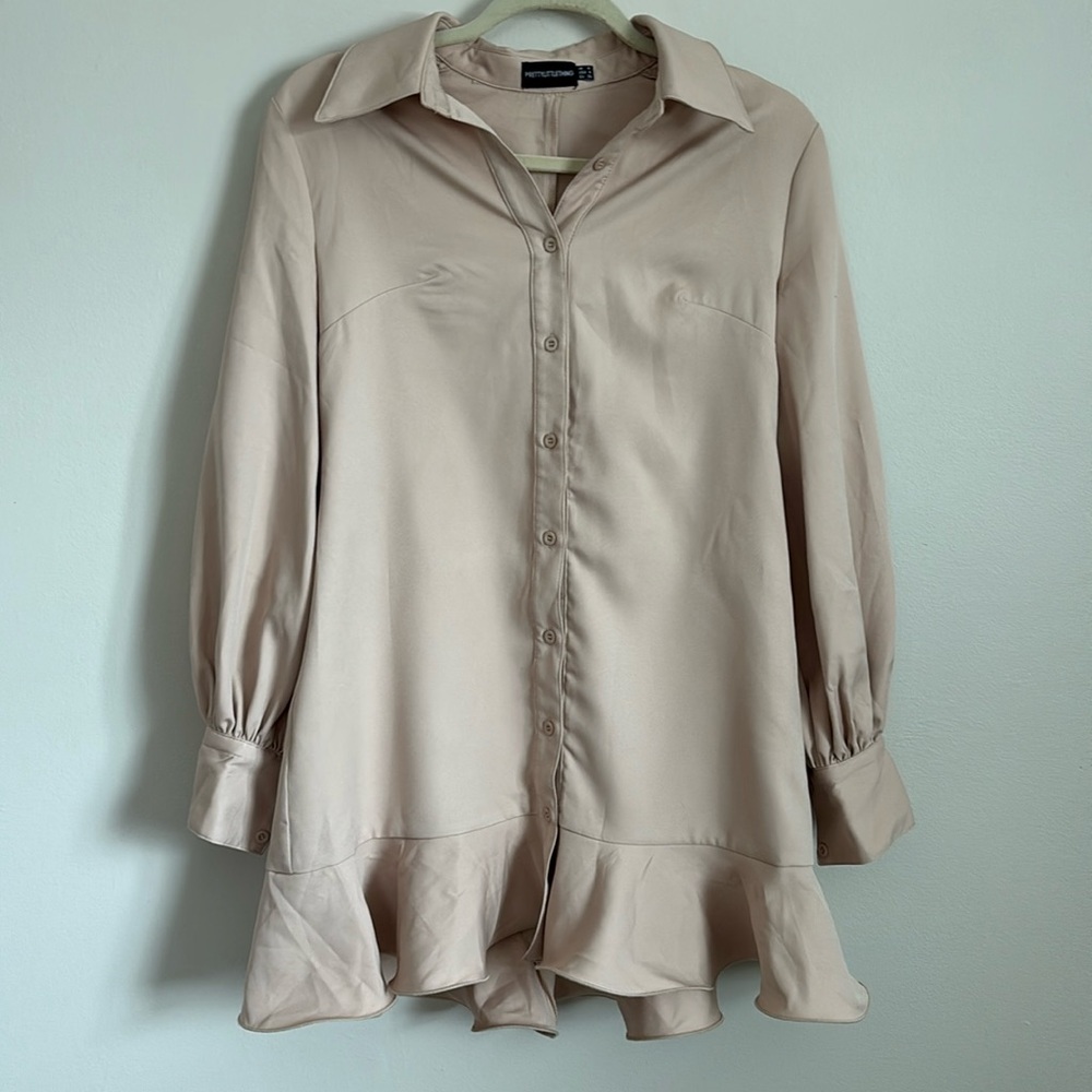 PRETTYLITTLETHING NWOT: STONE FRILL HEM SHIRT DRESS, sold out online